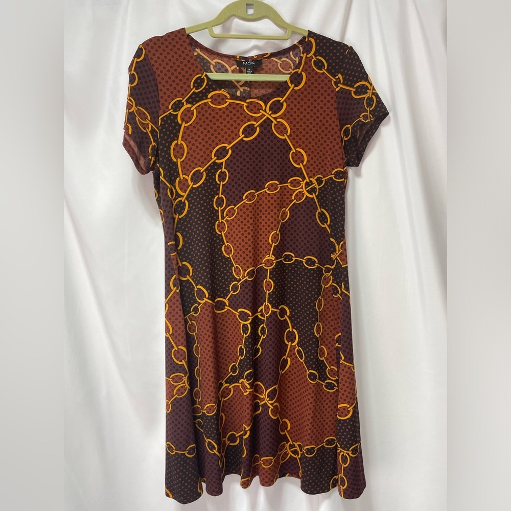 Chain Print Brown polkadot Dress stretchy flowy short sleeve women’s size M - Picture 15 of 15
